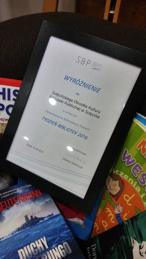 Wyróżnienie dla Biblioteki Publicznej w Sulęcinie... Rozstrzygnięcie konkursu na najciekawsze wydarzenie organizowane w ramach "Tygodnia Bibliotek 2016"
