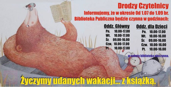 Godziny otwarcia Biblioteki Publicznej oraz Oddziału dla Dzieci w okresie od 1.07 do 1.09