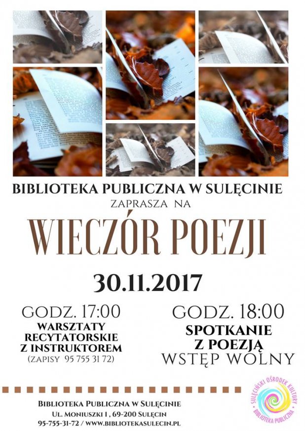 Wieczór poezji + warsztaty recytatorskie w Bibliotece Publicznej w Sulęcinie