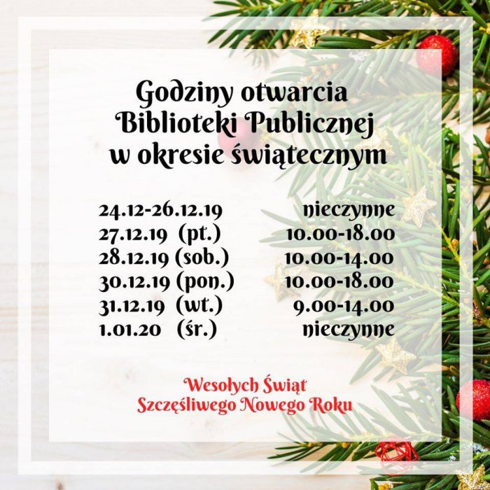 Godziny otwarcia Biblioteki Publicznej w okresie świątecznym!